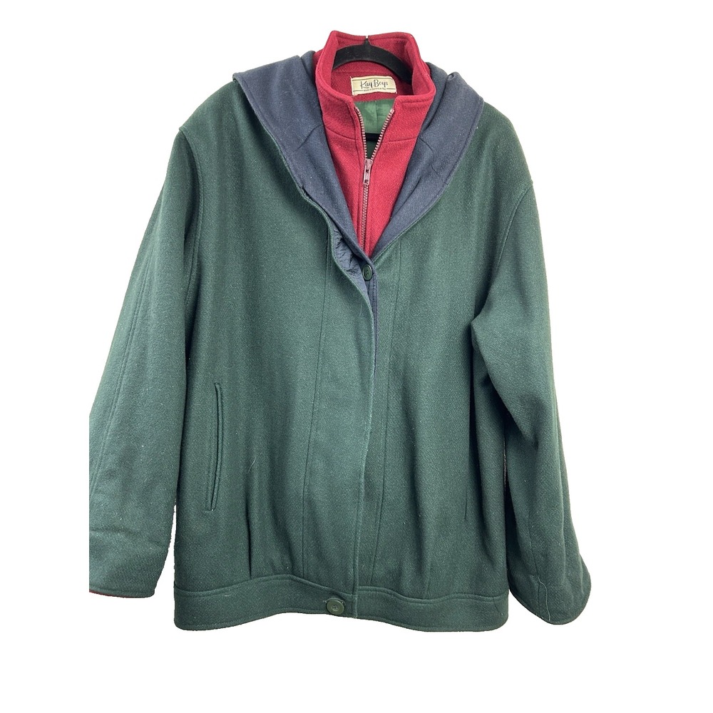 Vintage Kay Boys Wool Blend Coat Hooded Green Red Plaid Retro Outdoor Jacket